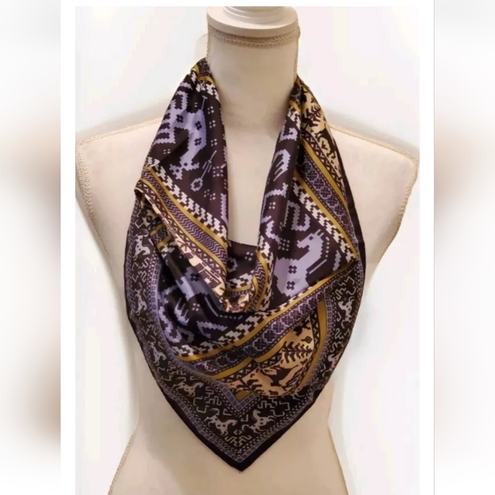 26"x26" Horse Print Satin Silk Multicolored (Blue, Black, Gold)  Scarf